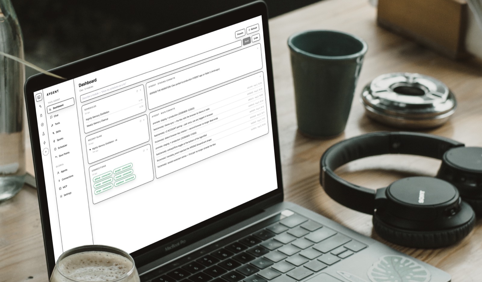 An agent's Dashboard — a grid of modules (a stat card, a table of GitHub PRs, a revenue chart, a schedules list) with the “Build a module…” prompt bar and Refresh button at the top.