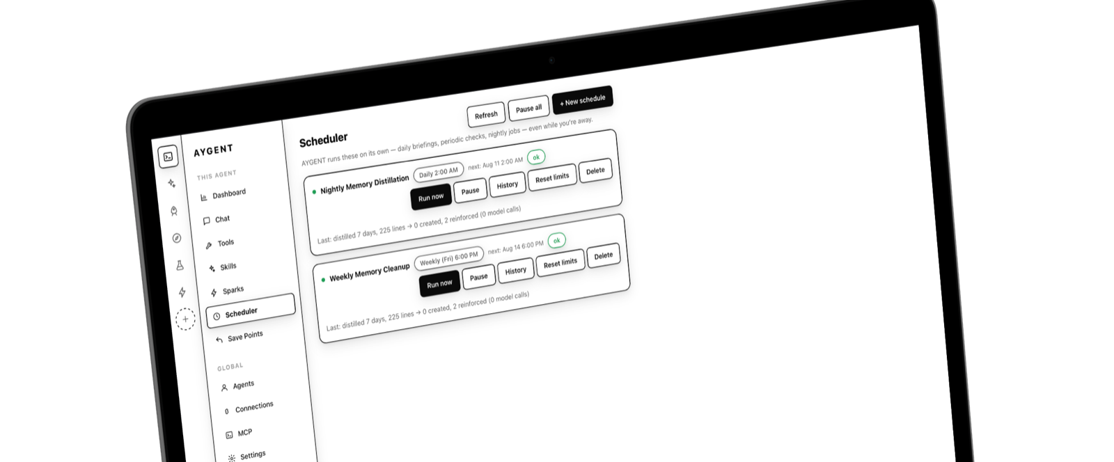 The Schedules view — a cron-style scheduled task and a self-set wake-up, showing agents running on their own clock.